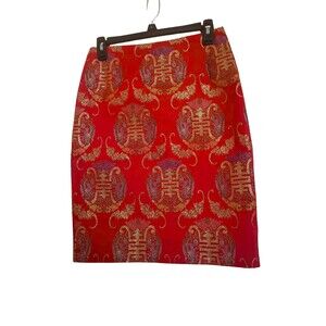ALBERTA FERRETTI Red Brocade Pencil Skirt Luxurious Italian Designer Piece Sz 12